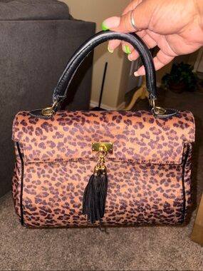 Aldo Leopard Print Satchel Handbag with Black Tassel